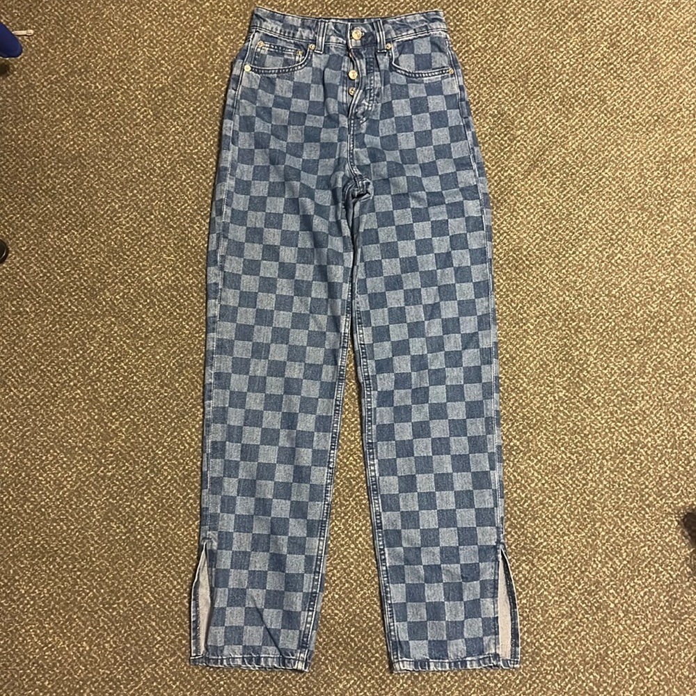 H&M Blue Checkered Straight Leg Jeans
